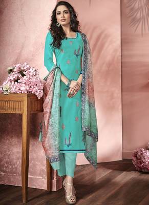 Turquoise Satin Party Wear Salwar Kameez 1