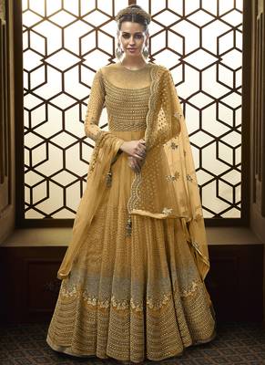 Yellow Embroidered Net Semi Stitched Anarkali With Dupatta 1