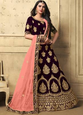 Dark Brown Heavy Embroidery Velvet Lehenga 1