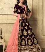 Dark Brown Heavy Embroidery Velvet Lehenga