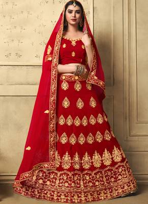 Red Heavy Embroidery Velvet Lehenga 1