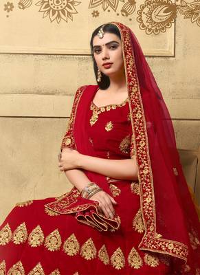 Red Heavy Embroidery Velvet Lehenga 2