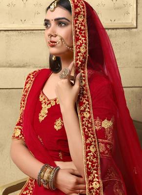 Red Heavy Embroidery Velvet Lehenga 3