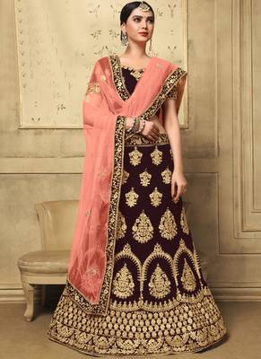 Dark Brown Heavy Embroidery Velvet Lehenga 1