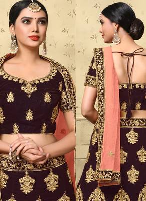 Dark Brown Heavy Embroidery Velvet Lehenga 2