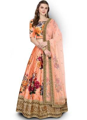 Peach Art Silk Floral Pearl Work Lehenga 1