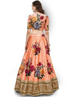 Peach Art Silk Floral Pearl Work Lehenga 2
