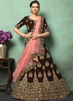Dark Brown Heavy Embroidery Velvet Lehenga 1