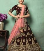 Dark Brown Heavy Embroidery Velvet Lehenga