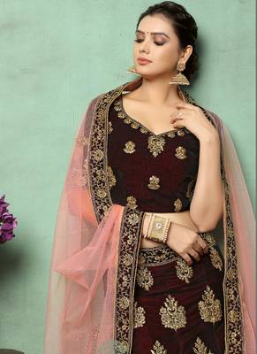Dark Brown Heavy Embroidery Velvet Lehenga 2