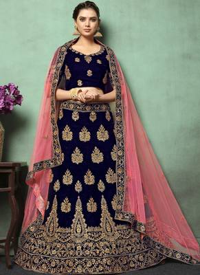 Navy Blue Heavy Embroidery Velvet Lehenga 1