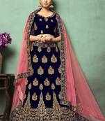 Navy Blue Heavy Embroidery Velvet Lehenga