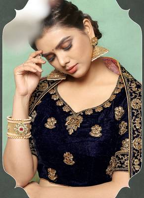 Navy Blue Heavy Embroidery Velvet Lehenga 2