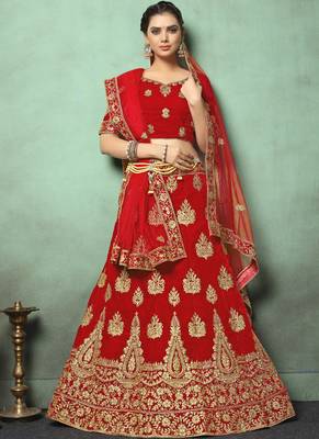 Red Heavy Embroidery Velvet Lehenga 1