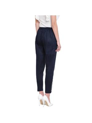 women regular fit navy blue pintucks trouser pant 1