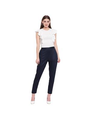 women regular fit navy blue pintucks trouser pant 2