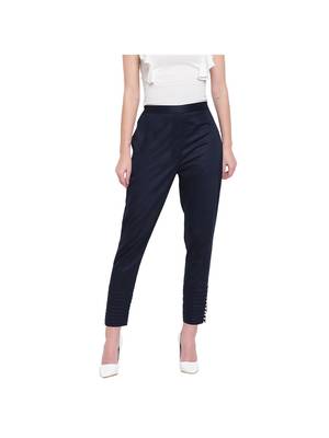 women regular fit navy blue pintucks trouser pant 4