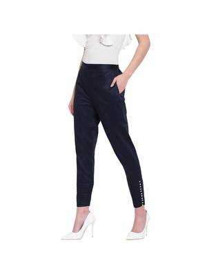 women regular fit navy blue pintucks trouser pant 5