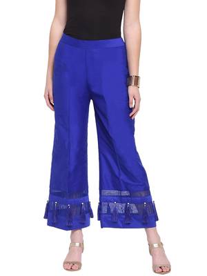 Blue Women's Silk Stripe Tassles Flare Palazzo Trouser 1