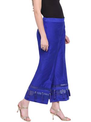 Blue Women's Silk Stripe Tassles Flare Palazzo Trouser 2