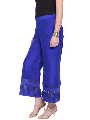Blue Women's Silk Stripe Tassles Flare Palazzo Trouser 3