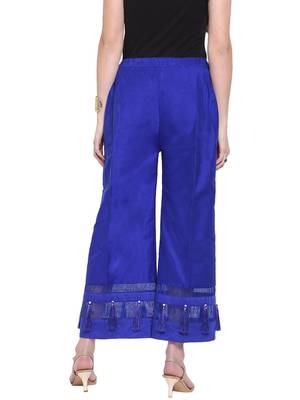 Blue Women's Silk Stripe Tassles Flare Palazzo Trouser 4