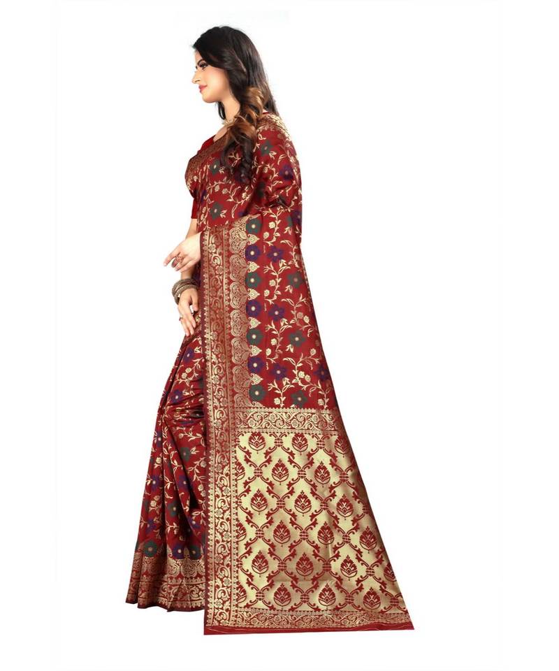 Maroon Woven Banarasi Saree With Blouse