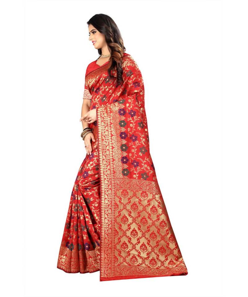 Red Woven Banarasi Saree With Blouse