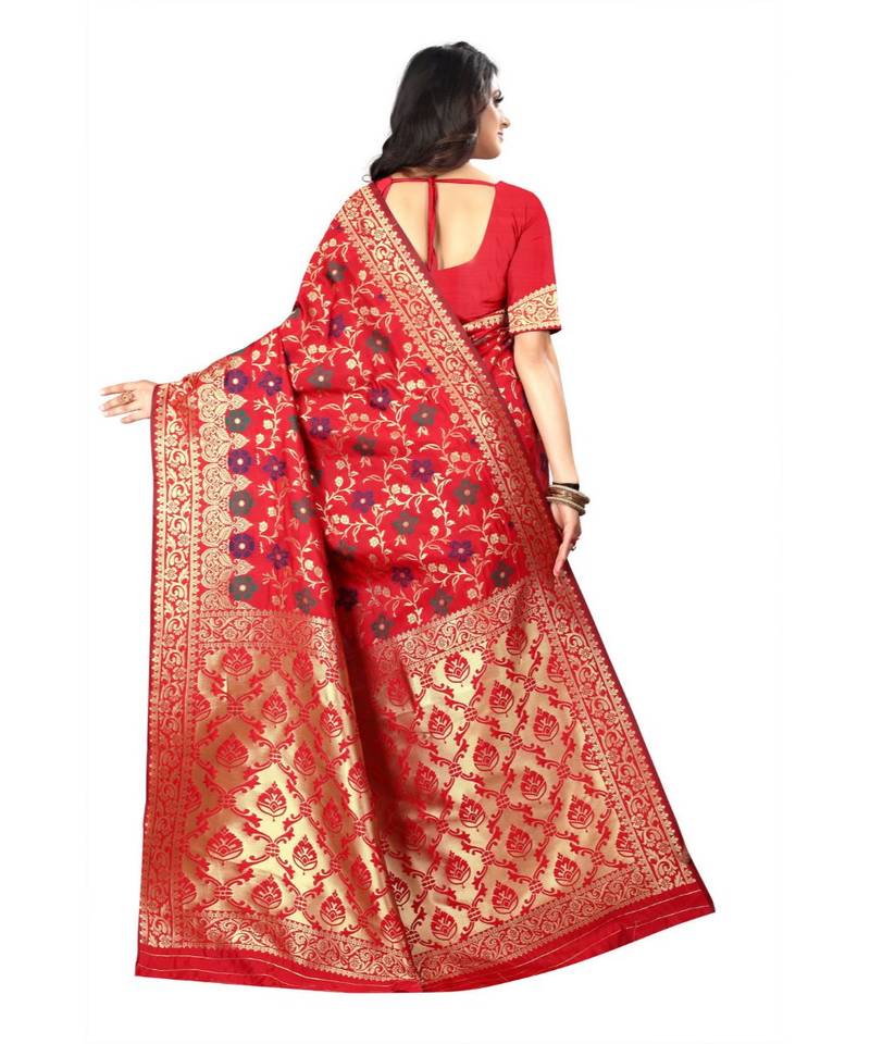 Red Woven Banarasi Saree With Blouse