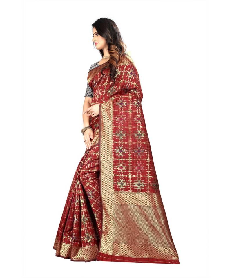 Maroon woven banarasi saree with blouse