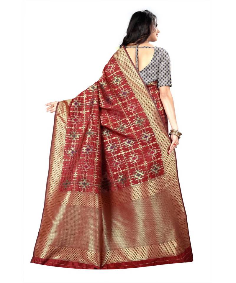 Maroon woven banarasi saree with blouse