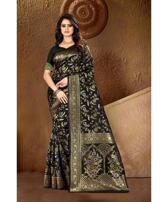 Black Woven Art Silk Saree With Blouse 1