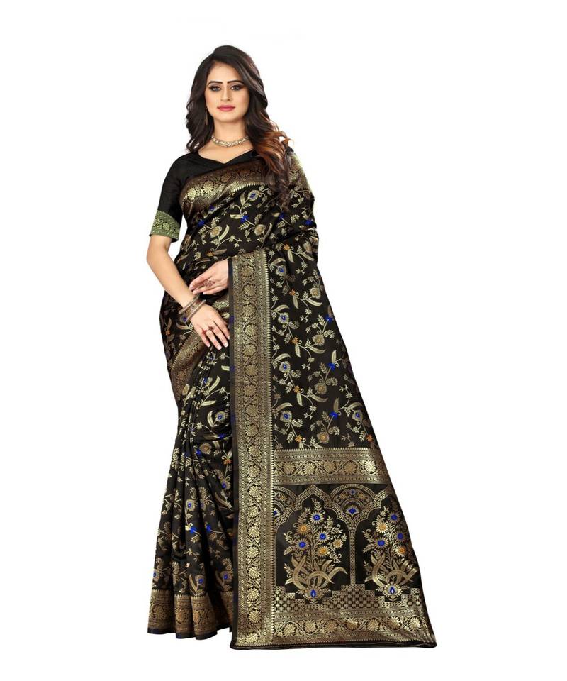 Black Woven Art Silk Saree With Blouse