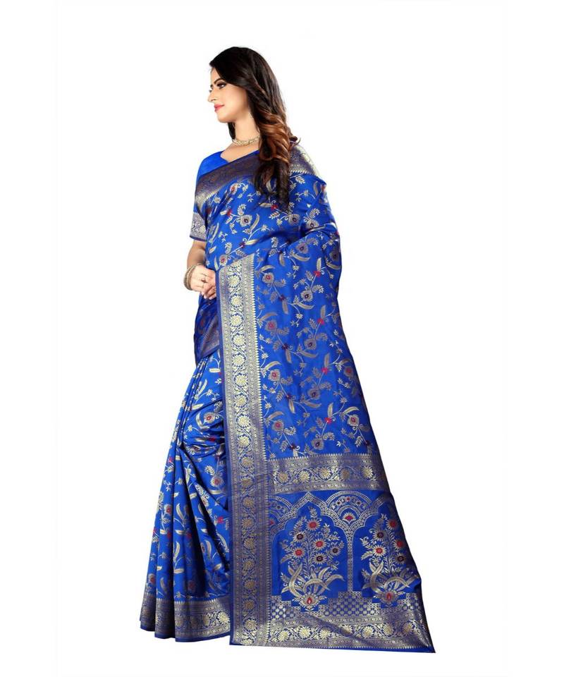 Blue Woven Art Silk Saree With Blouse