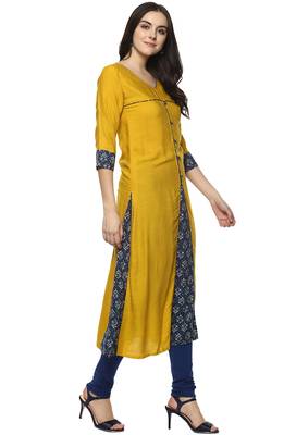 Yellow printed rayon ethnic-kurtis 3