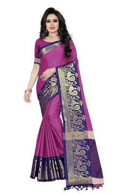 purple woven cotton saree with blouse 1