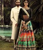 Black Embroidered Satin Unstitched Lehenga