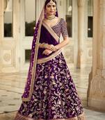 Purple Embroidered Velvet Unstitched Lehenga