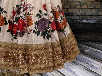 Ivory Embroidered Art Silk Unstitched Lehenga 4