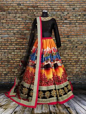 Black Embroidered Art Silk Unstitched Lehenga 4