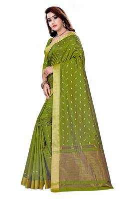 Olive woven cotton silk saree with blouse 2