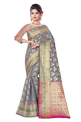 Grey woven banarasi silk saree with blouse 1