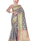 Grey woven banarasi silk saree with blouse