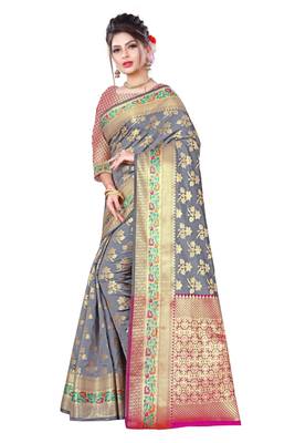 Grey woven banarasi silk saree with blouse 2