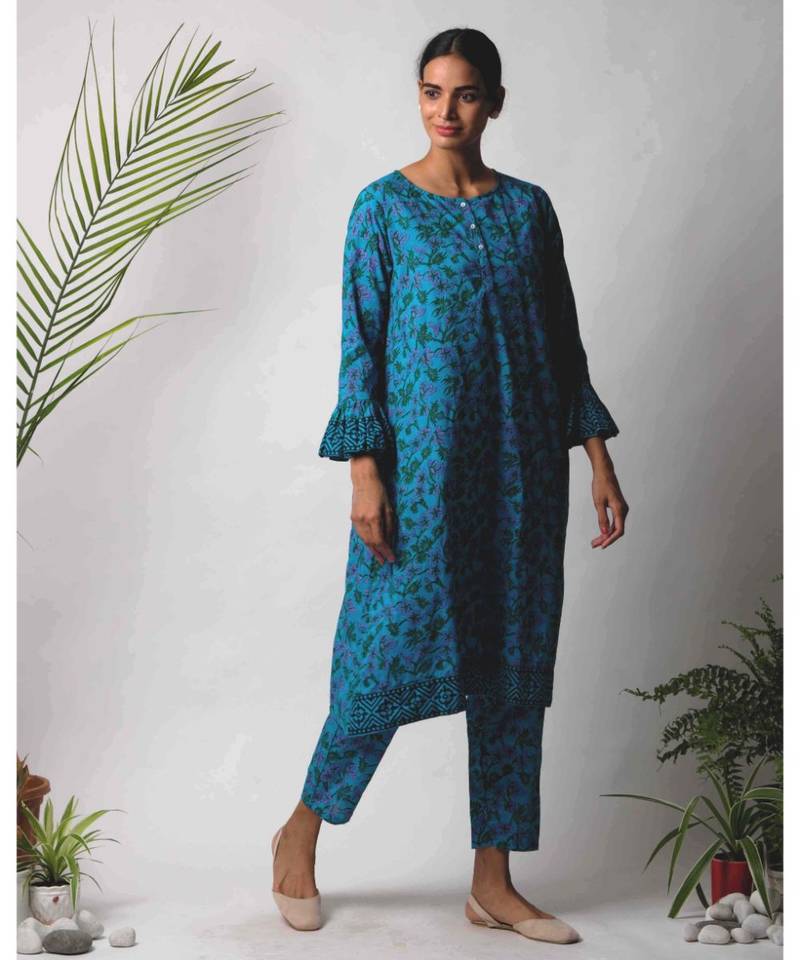 Blue Damini cotton kurta,Pant And Dupatta Set of three