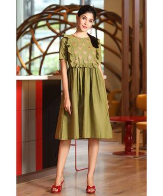Olive Ruffle Yoke Printed Dress 1