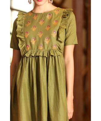Olive Ruffle Yoke Printed Dress 4