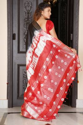 Black And Red Tie & Dye Bandhani Printed Linen Saree 2