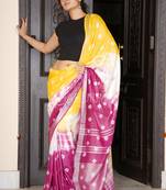 Yellow And Magenta Tie & Dye Bandhani Printed Linen Saree