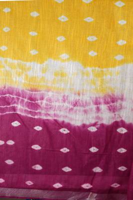 Yellow And Magenta Tie & Dye Bandhani Printed Linen Saree 3